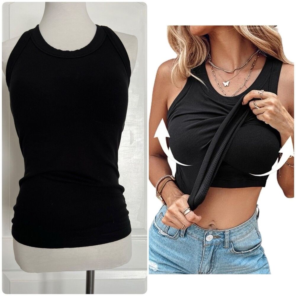 CHIC ME Built-In Bra Tank Top Sleeveless Casual Black Racerback Ribbed Stretch M